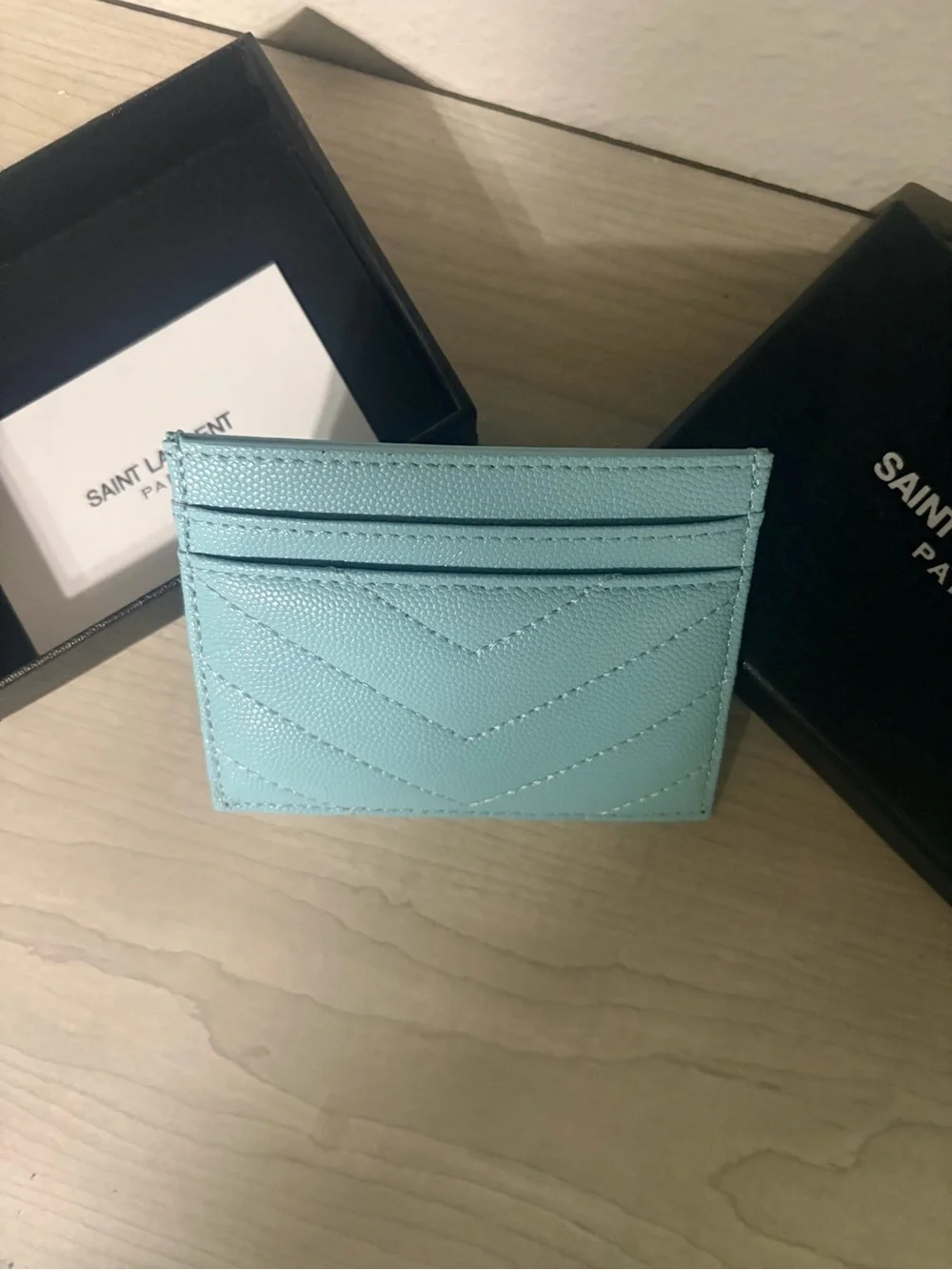 Saint Laurent Baby Blue Quilted Leather Card Holder with Gold YSL